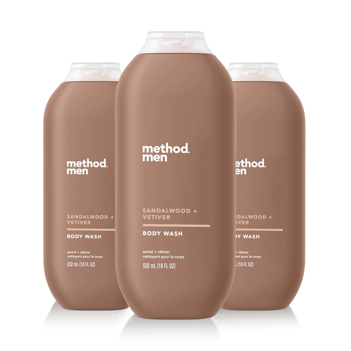 Method front bottle showing sandalwood and vetiver scent and quick-lather benefit