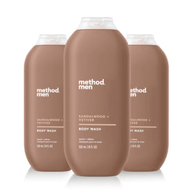 Method front bottle showing sandalwood and vetiver scent and quick-lather benefit
