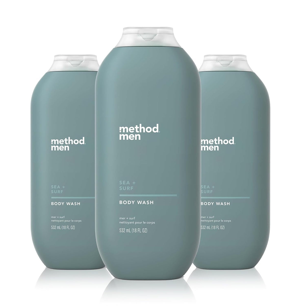 Method men front packaging shows three 18 oz bottles and clear branding, convenient supply