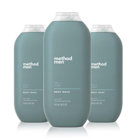 Method men front packaging shows three 18 oz bottles and clear branding, convenient supply