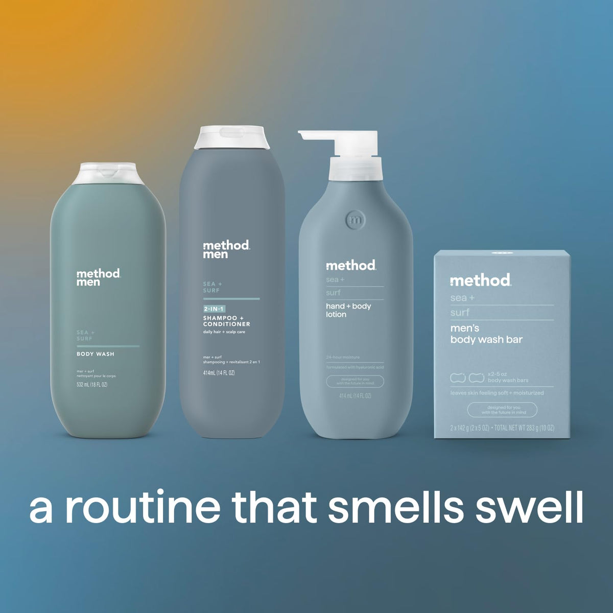 Method men lifestyle bathroom shelf styled to show coastal scent and daily routine