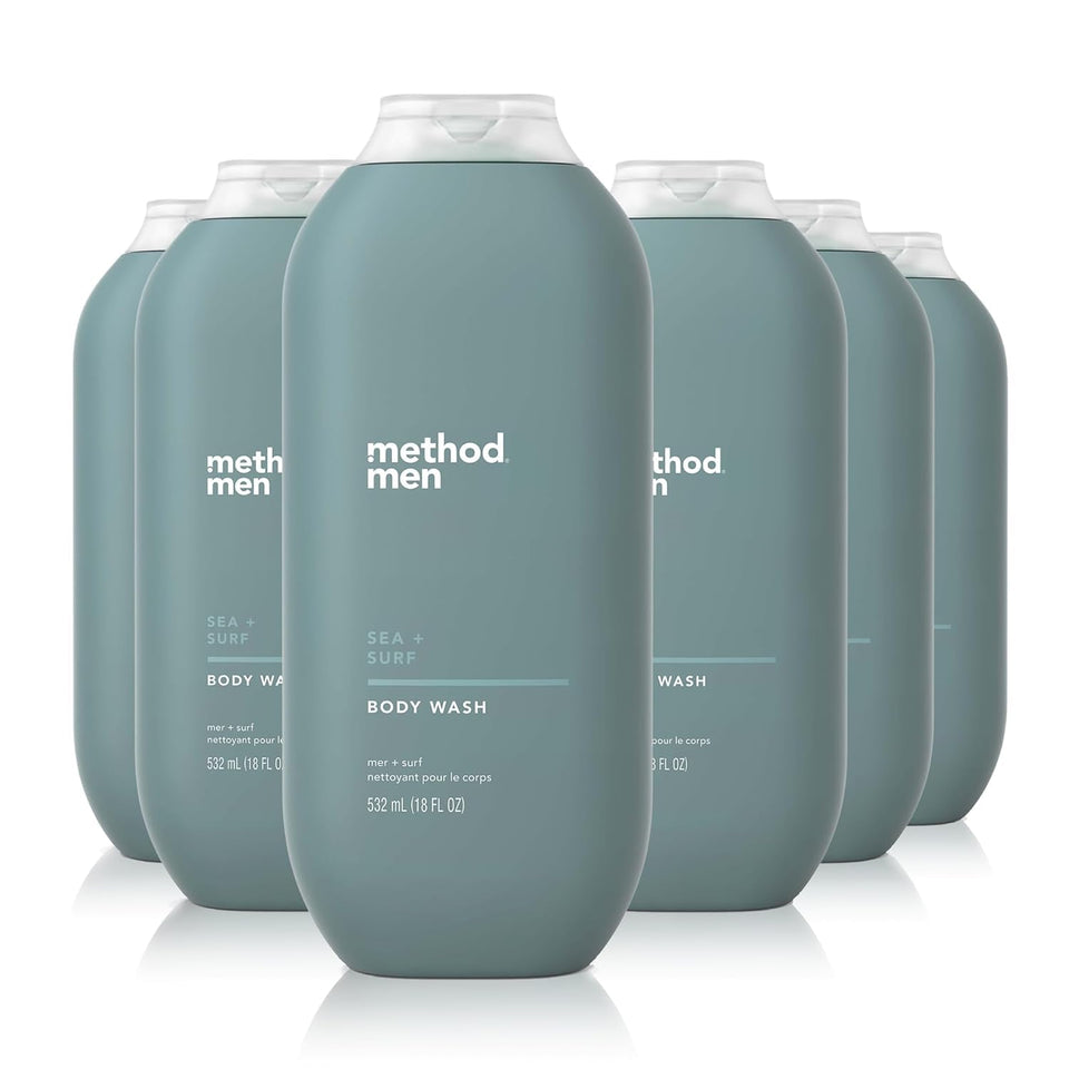 Method Men Sea + Surf front pack showing six bottles and clean benefits