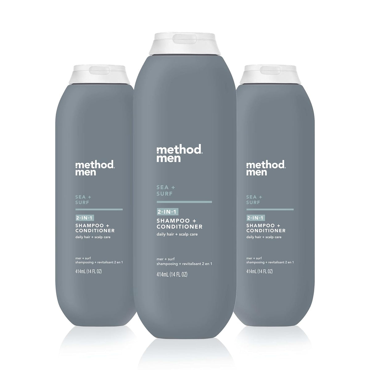 Method bottle front packaging showing sea and surf scent and benefit of all-in-one wash