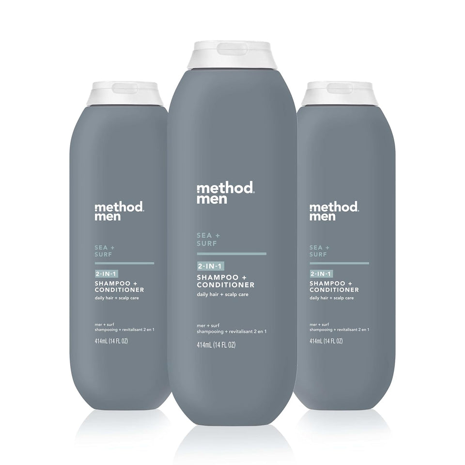 Method bottle front packaging showing sea and surf scent and benefit of all-in-one wash