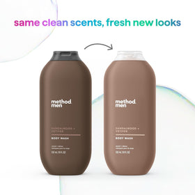 Method 18 oz bottle beside hand for scale showing generous supply benefit