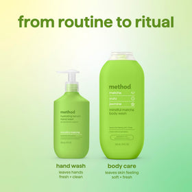 Method mindful matcha bottle staged in bathroom setting suggesting daily routine benefit