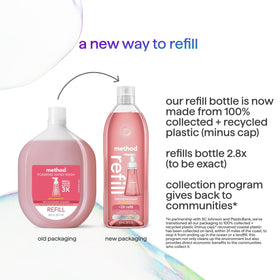 Method pink grapefruit bottle label detail shows recycled plastic content and clarity