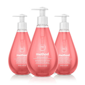 Method pink grapefruit front packaging showing three 12 ounce bottles and citrus scent benefit