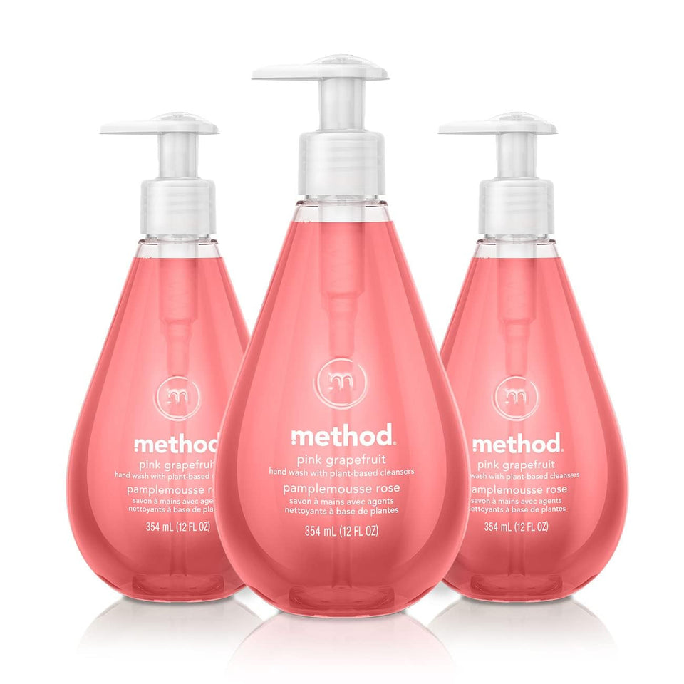 Method pink grapefruit front packaging showing three 12 ounce bottles and citrus scent benefit