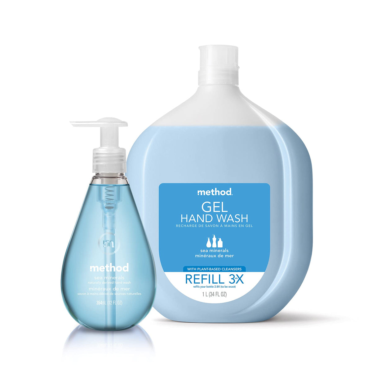 Method pink grapefruit bottle on bathroom sink showing soft-scented hand care benefit