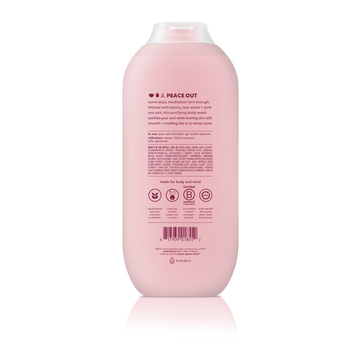 Method label closeup highlighting ingredients and gentle cleansing benefit