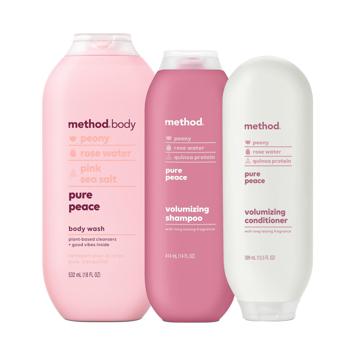 Method Pure Peace front packaging showing set of three bottles and scent branding