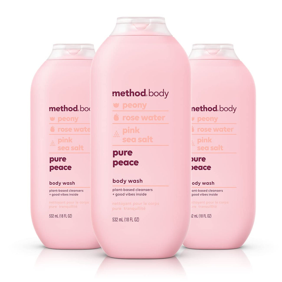 Method Pure Peace front packaging showing three bottles and calming design benefits