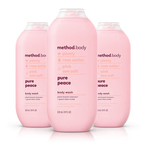 Method Pure Peace front packaging showing three bottles and calming design benefits