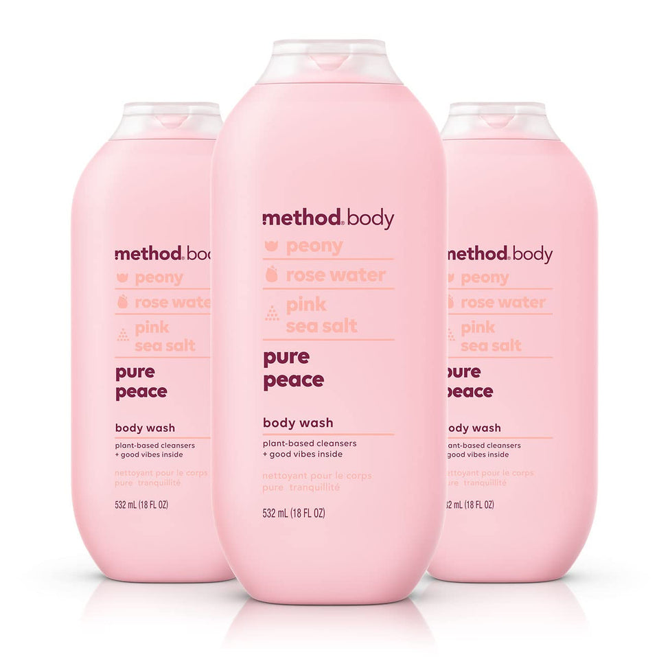 Method Pure Peace front packaging showing three bottles and calming design benefits