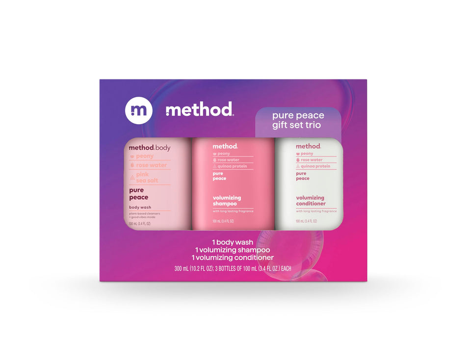 Method Pure Peace front packaging showing three travel bottles and gift-ready design