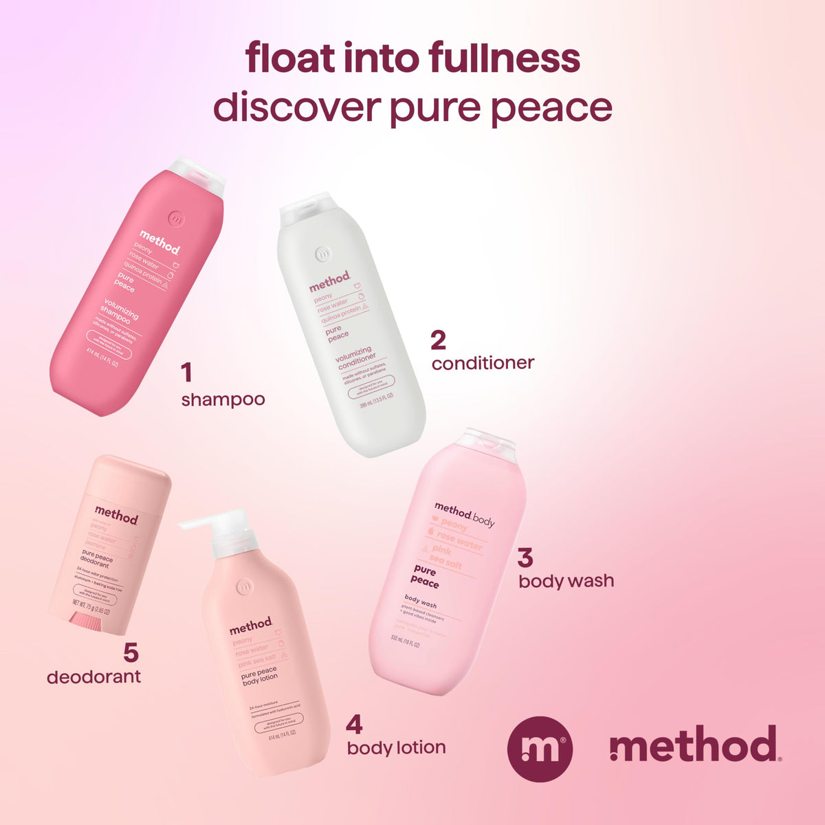 Method shampoo in shower setting showing sensory scent and calm bathing experience