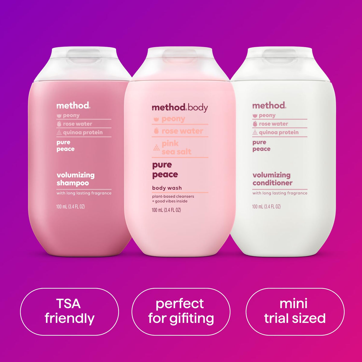 Method travel bottles inside a toiletry bag emphasizing TSA-friendly convenience