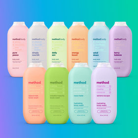 Method Pure Peace size comparison in hand showing bottle scale and travel convenience