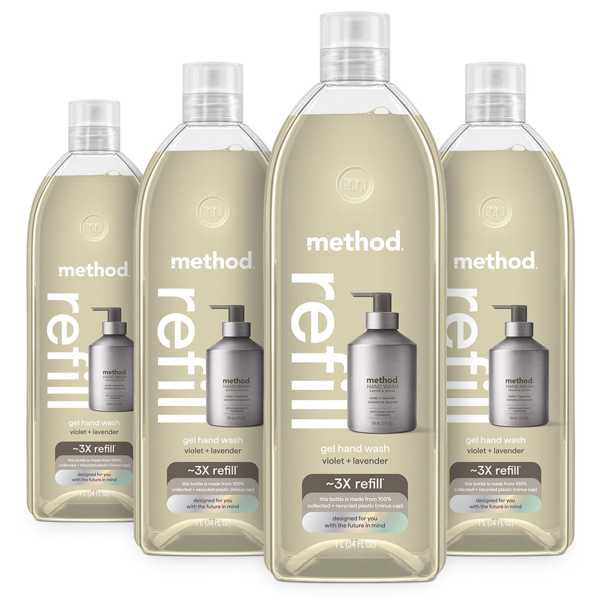 Method refill front view showing violet lavender packaging and eco benefits