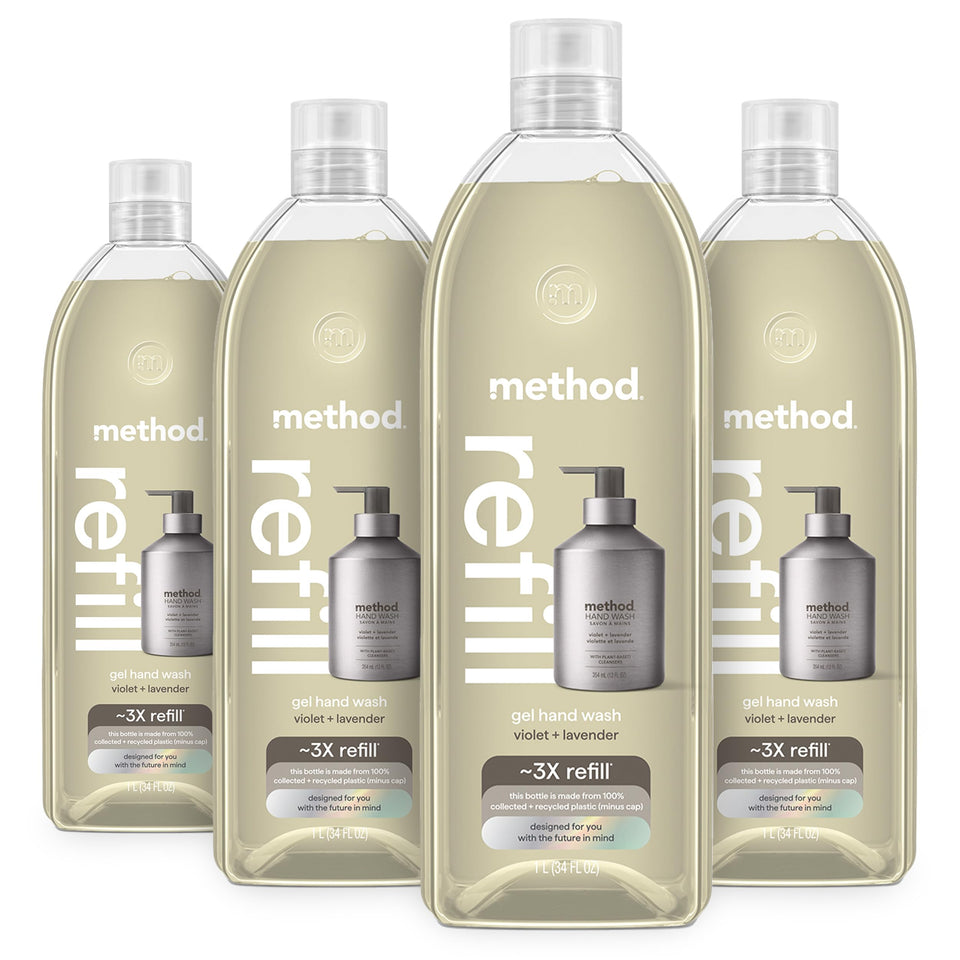 Method refill front view showing violet lavender packaging and eco benefits