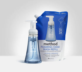 Method pouch in a bathroom lifestyle scene showing neat storage and aesthetic sink placement