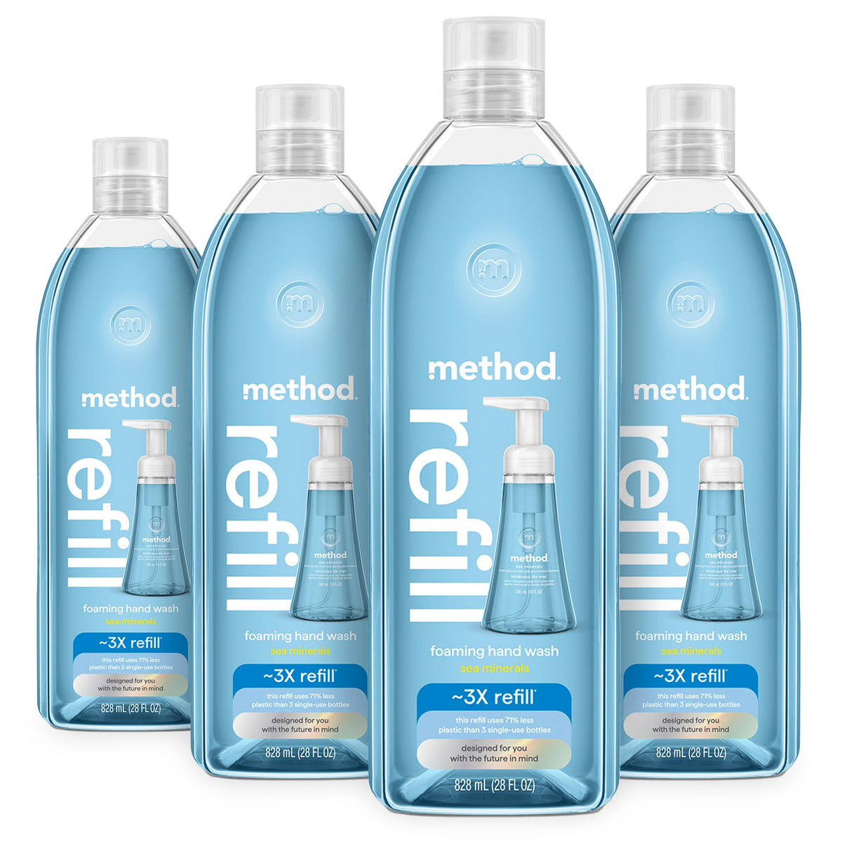 Method Sea Minerals front packaging shows four refill bottles and eco benefits