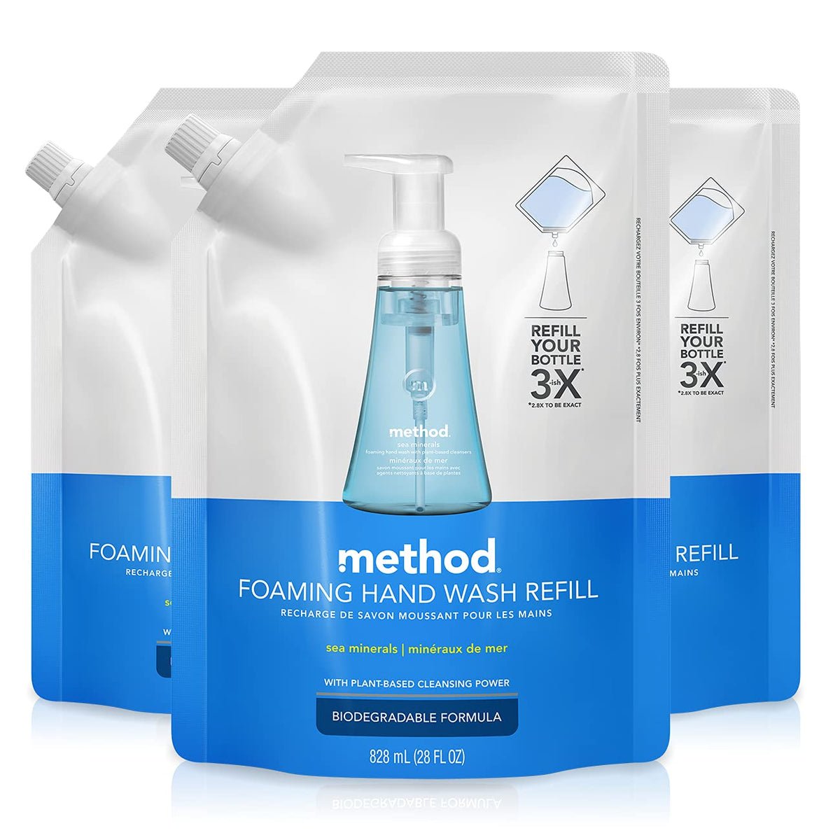 Method front view of sea minerals refill pouch showing size and branding for easy identification