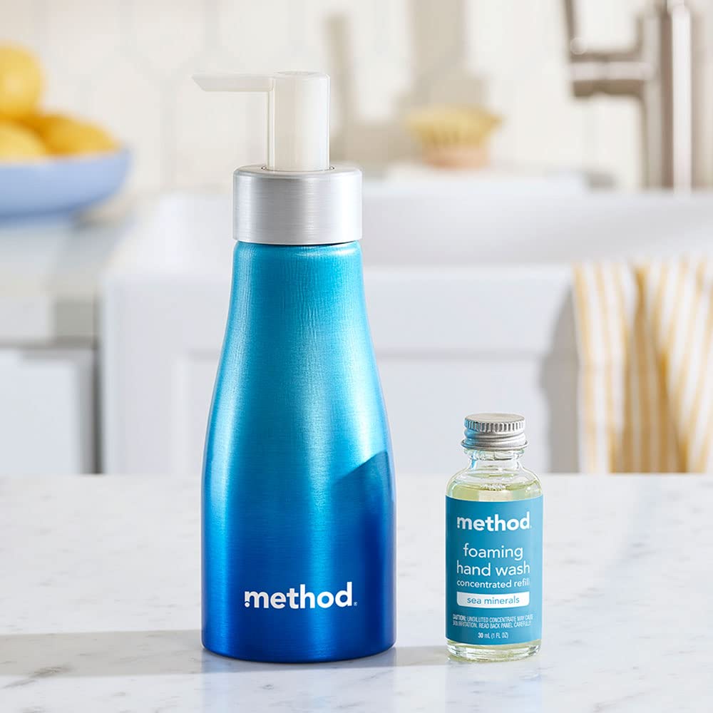 Method concentrates next to reusable aluminum bottle showing compact refill size