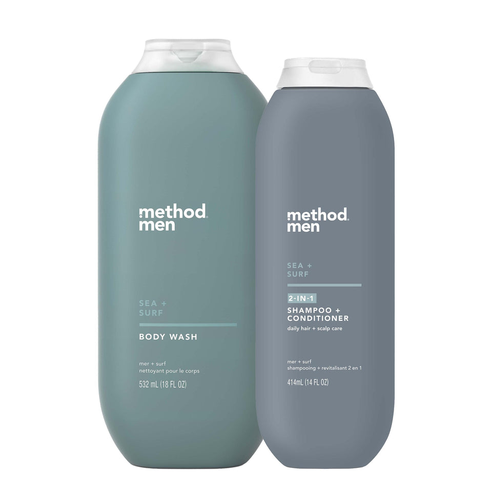 Method front packaging showing two bottles and coastal scent, highlights convenience
