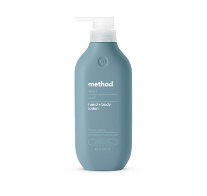 Method bottle front packaging showing sea + surf scent and clean design benefiting daily use