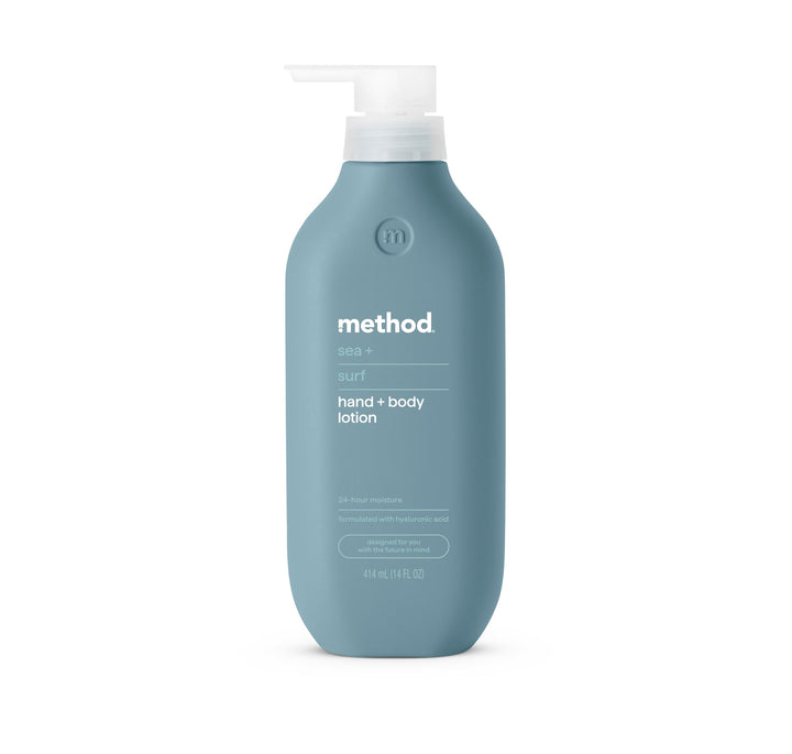 Method bottle front packaging showing sea + surf scent and clean design benefiting daily use