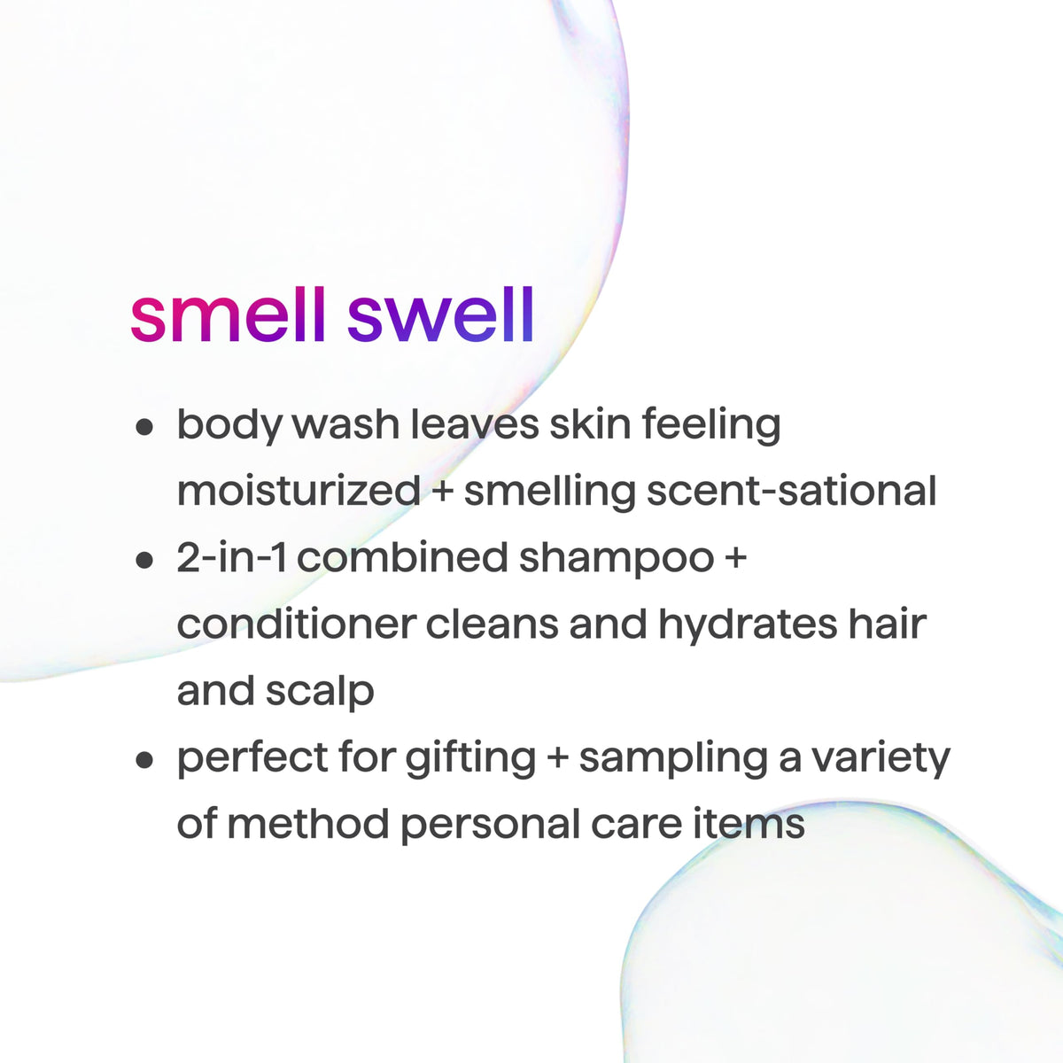 Method bottle in shower scene, shows refreshing use on hair and skin