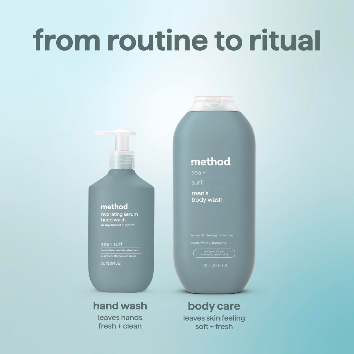Method bottle on bathroom counter in lifestyle setting for daily use