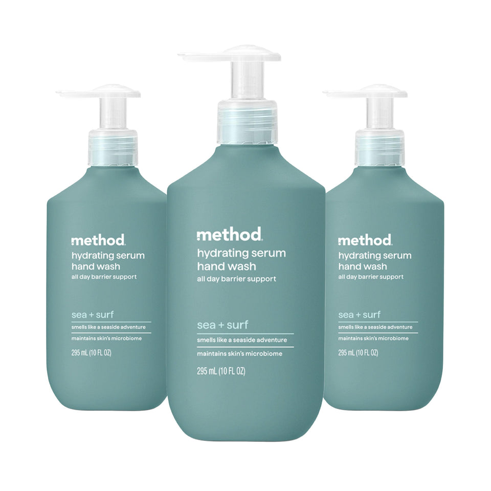 Method bottle front view showing sea + surf scent and hydrating benefits