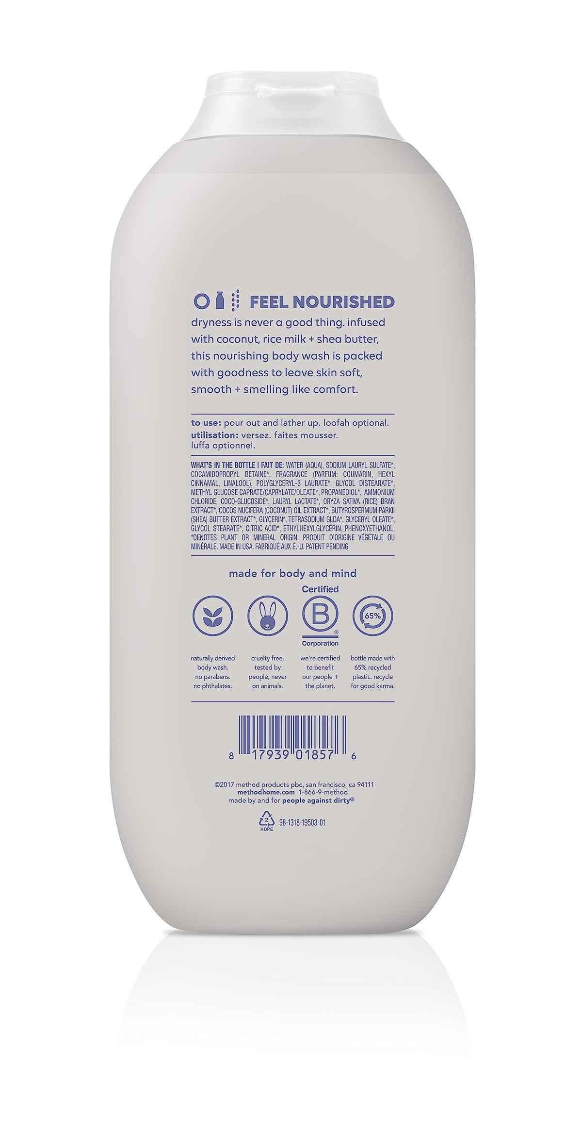 Method Simply Nourish bottle close-up highlighting moisturizing formula benefits