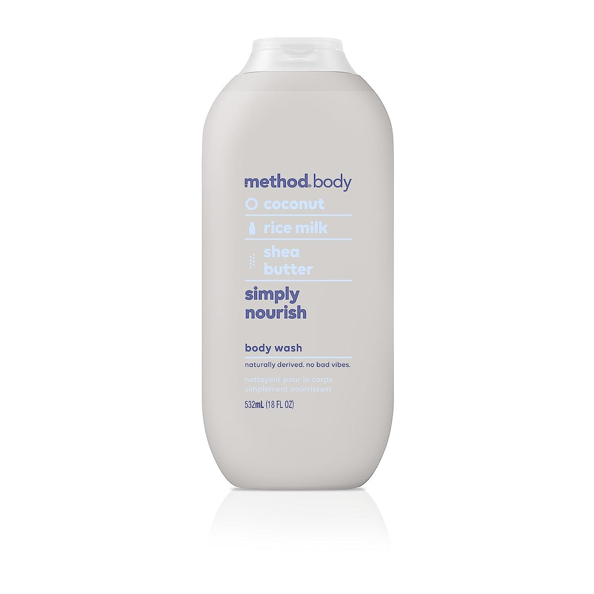 Method Simply Nourish bottle closeup displaying ingredients and soft finish