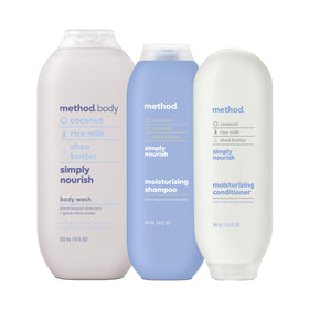 Method front packaging showing three simply nourish bottles and scent appeal