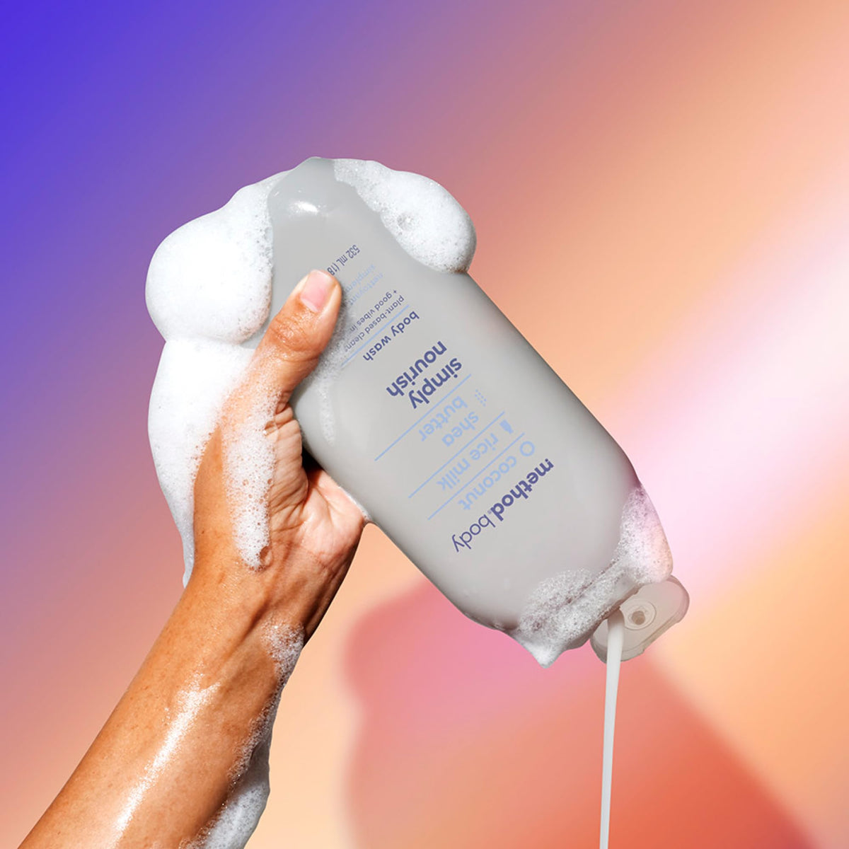 Method Simply Nourish in shower bottle on shelf demonstrating easy use