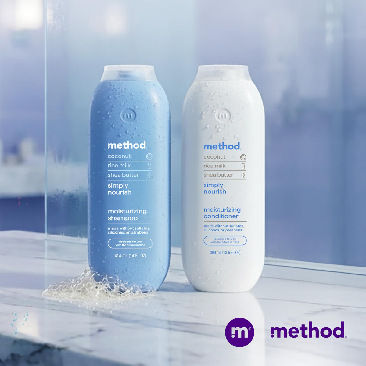 Method on bathroom shelf styled lifestyle image showing everyday self-care benefit