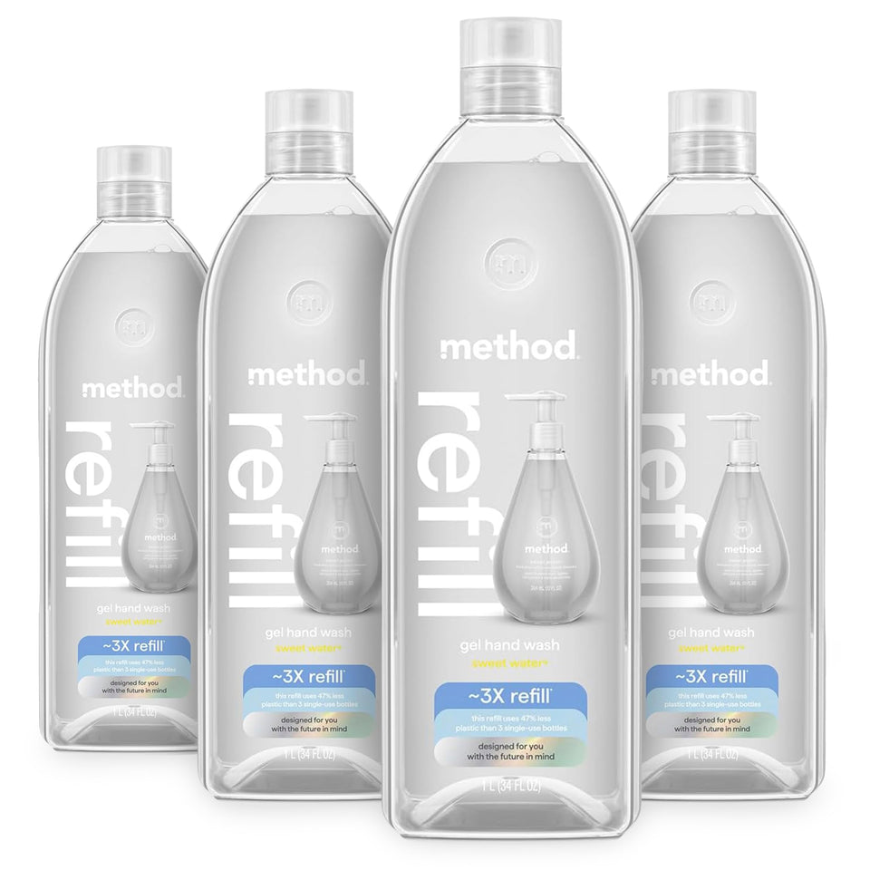 Method Sweet Water front packaging shows recyclable 34 oz refill benefits