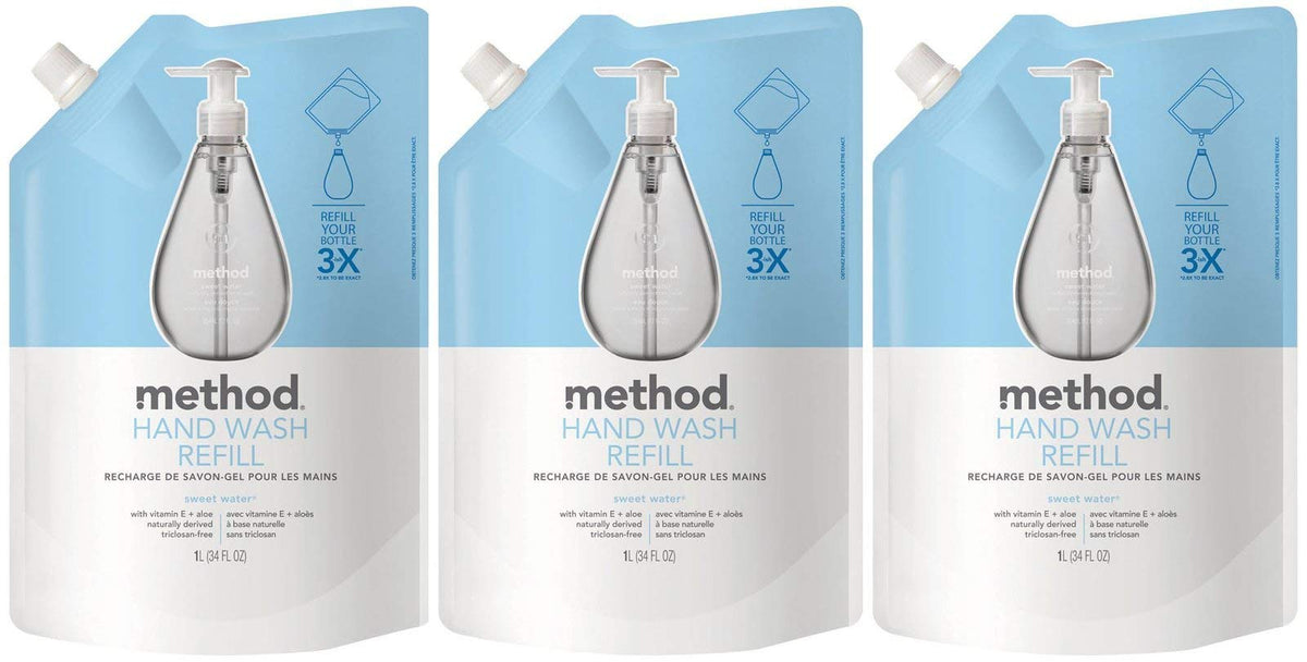 Method Sweet Water front packaging shows three refill pouches and easy storage benefit