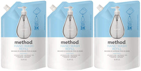 Method Sweet Water front packaging shows three refill pouches and easy storage benefit