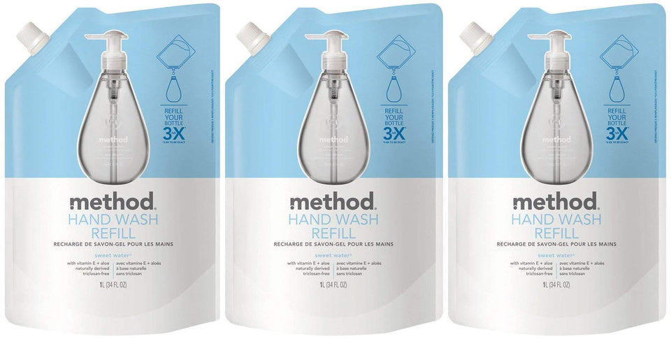 Method Sweet Water front packaging shows three refill pouches and easy storage benefit
