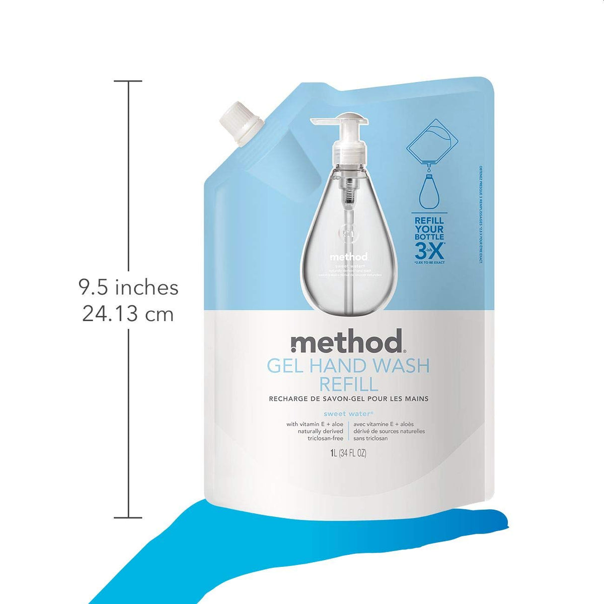 Method pouch pouring into bottle demonstrating refill convenience benefit