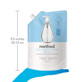 Method pouch pouring into bottle demonstrating refill convenience benefit