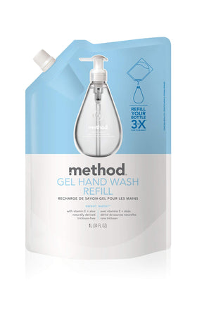 Method refill spout close-up illustrating secure pour and quick refill benefit