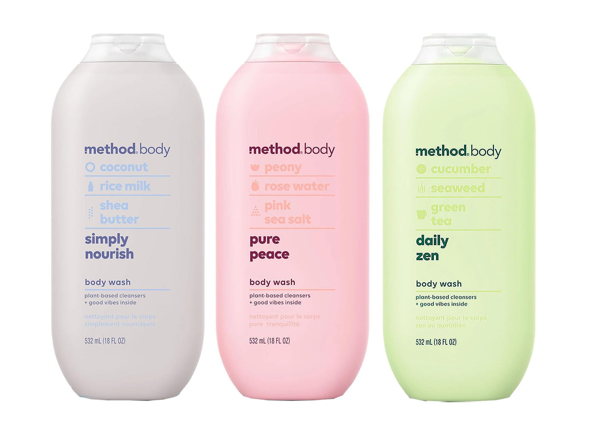 Method trio front packaging showing three bottles and scent variety benefits