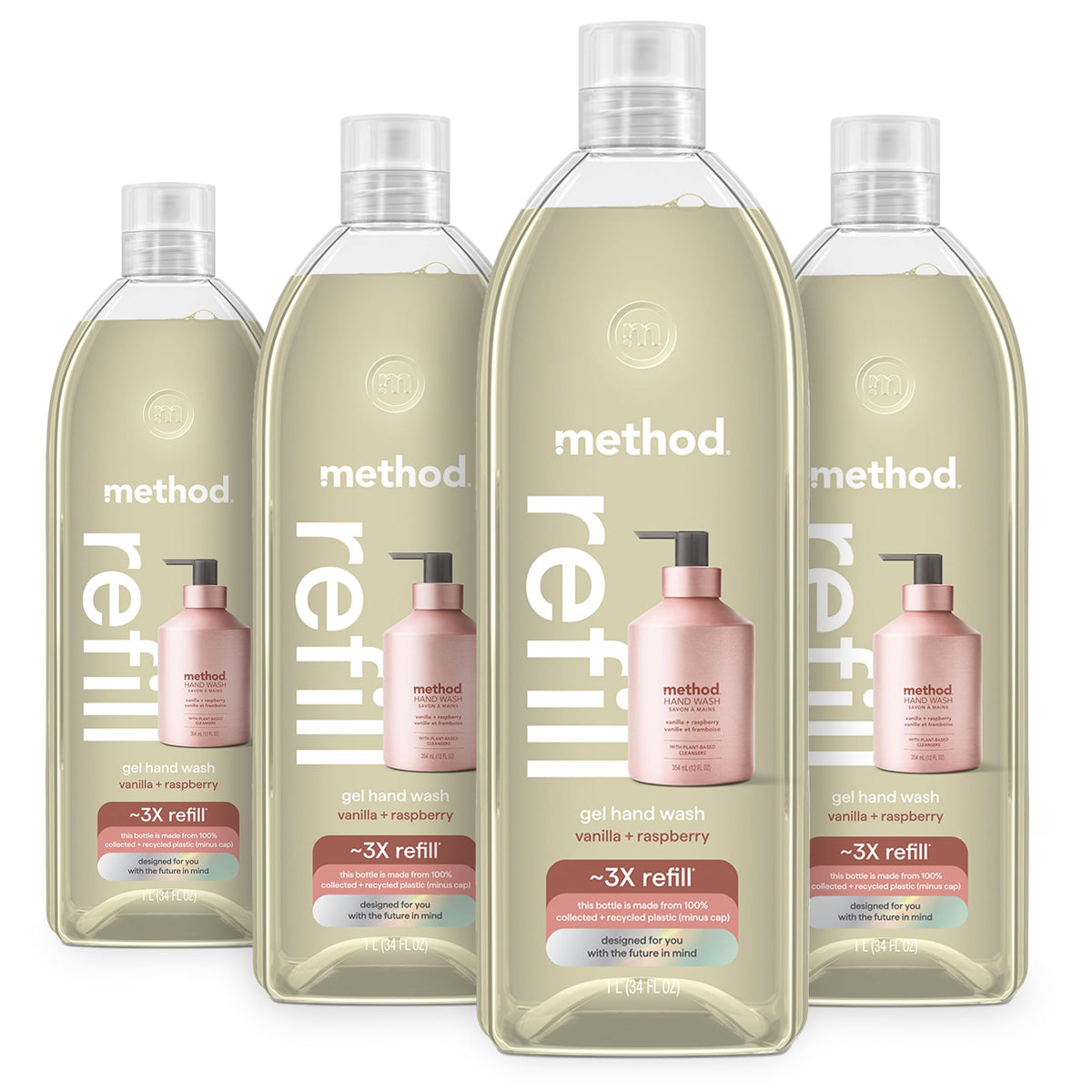 Method vanilla + raspberry front packaging showing four recyclable refill tubs and labels