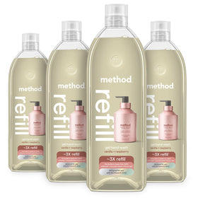 Method vanilla + raspberry front packaging showing four recyclable refill tubs and labels